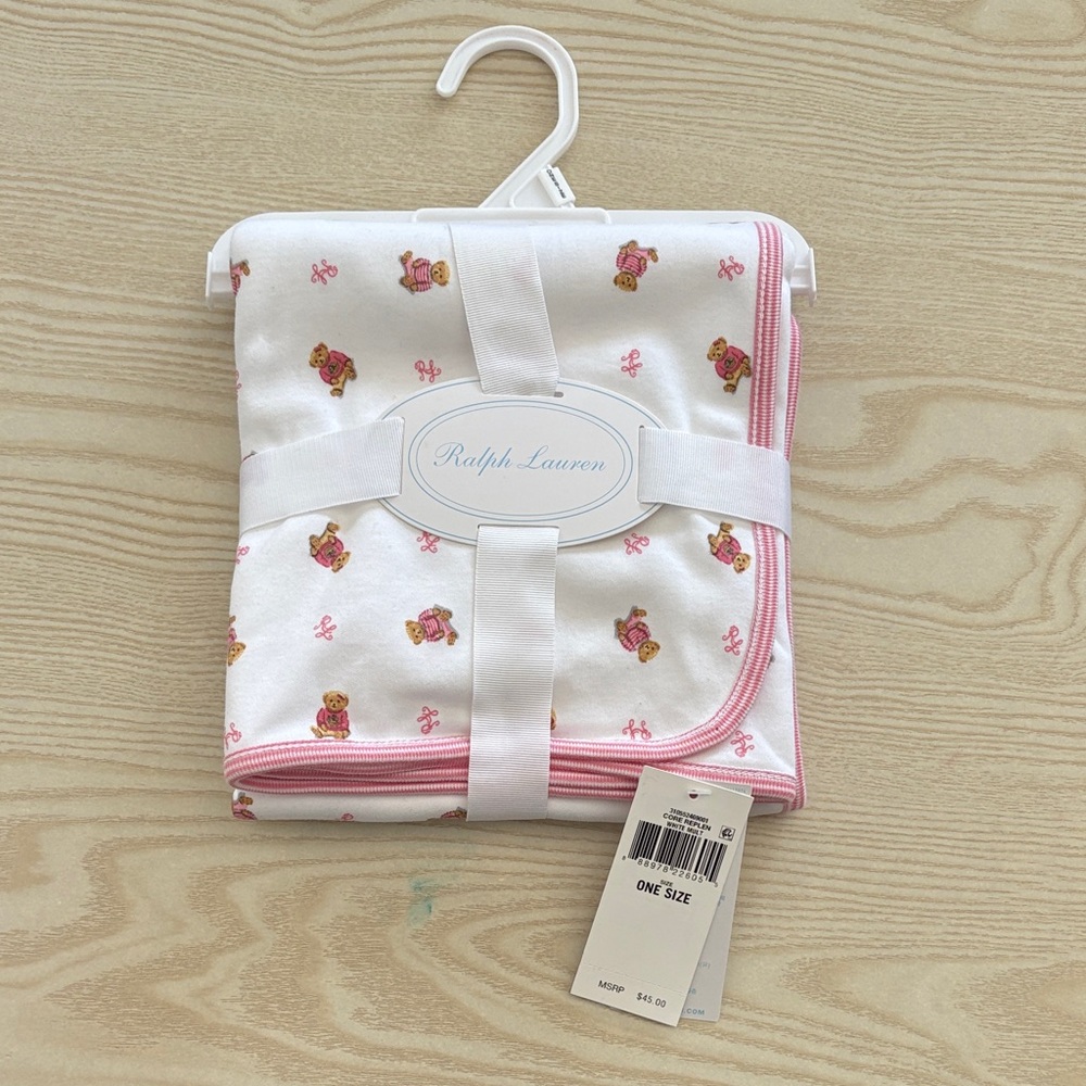 Ralph Lauren White Blanket with Pink Accents